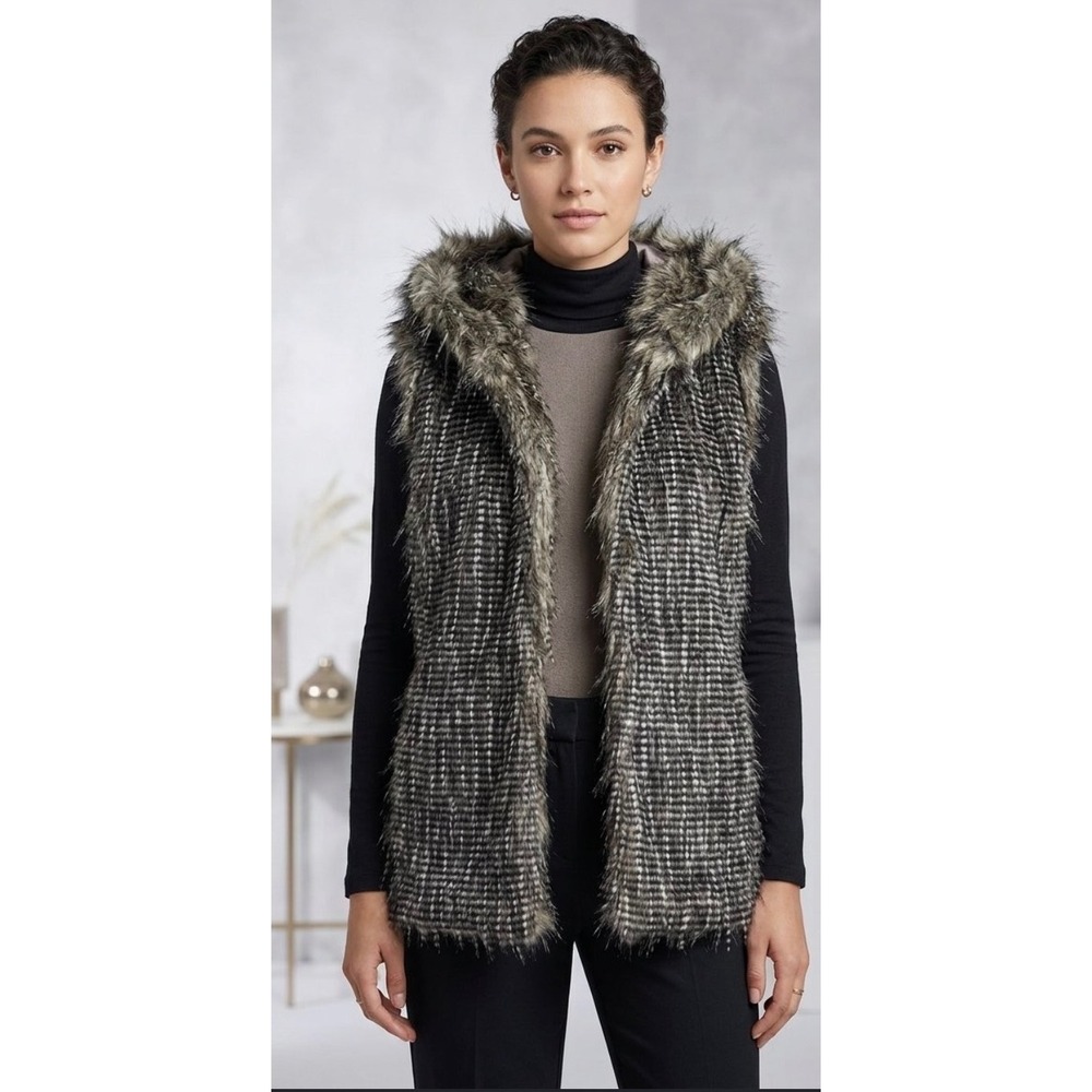 Kristen Blake Faux Fur Hooded Vest Grey Brown Textured Women Small